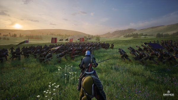 Screenshot from Chronicles: Medieval showing a mounted knight leading an army into battle across a grassy field at sunset.