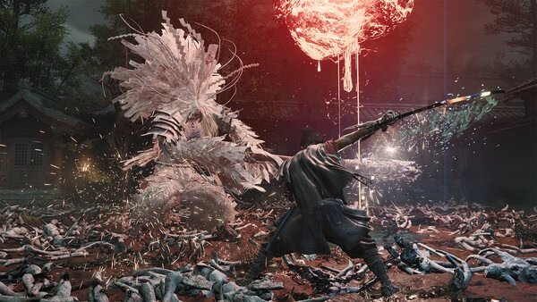 Screenshot from Onimusha: Way of the Sword showing a warrior battling a mystical creature under a glowing red orb.