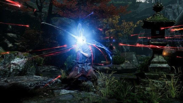 Screenshot from Onimusha: Way of the Sword showing a warrior casting a spell in a forest with glowing effects.