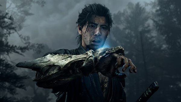 Screenshot from Onimusha: Way of the Sword showing a character with a glowing gauntlet in a misty, forested setting.