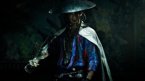 A screenshot from Onimusha: Way of the Sword showing a samurai wielding a blade, wearing a wide-brimmed hat and colorful attire.
