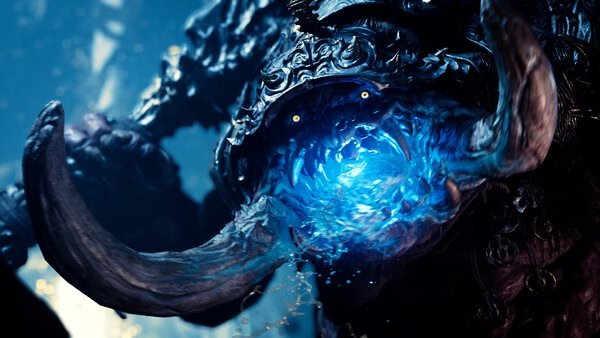 A screenshot from Onimusha: Way of the Sword showing a menacing horned creature emitting a glowing blue energy from its mouth.