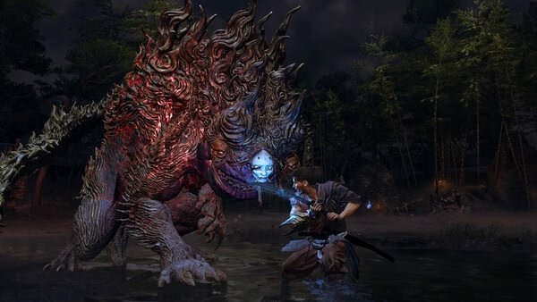 Screenshot from Onimusha: Way of the Sword showing a warrior facing a large, fiery demon in a dark forest setting.