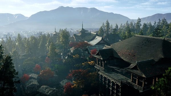Screenshot from Onimusha: Way of the Sword showing a serene temple surrounded by autumn trees and distant mountains.