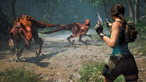 Tomb Raider: Legacy of Atlantis screenshot shows Lara Croft aiming a gun at two dinosaur-like creatures in a dense forest setting.