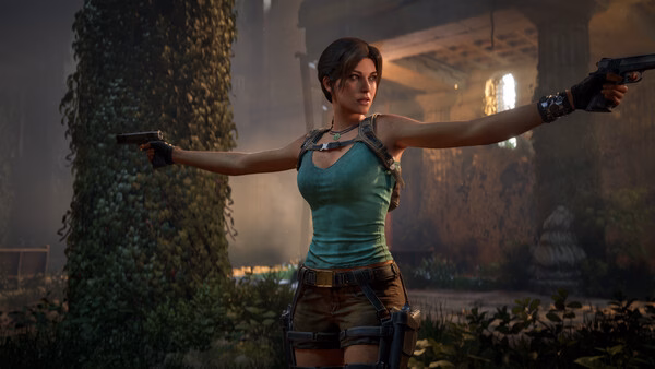Screenshot from Tomb Raider: Legacy of Atlantis shows a protagonist dual-wielding pistols in an overgrown ancient temple.