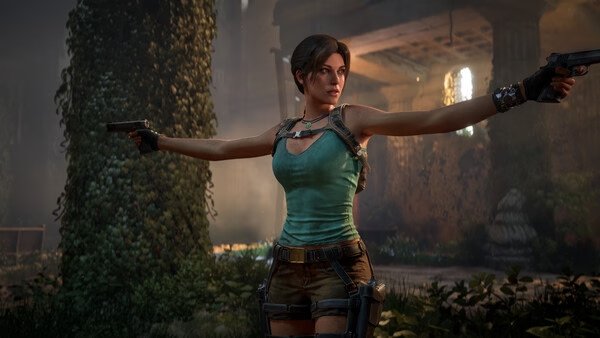 Screenshot from Tomb Raider: Legacy of Atlantis shows a protagonist dual-wielding pistols in an overgrown ancient temple.