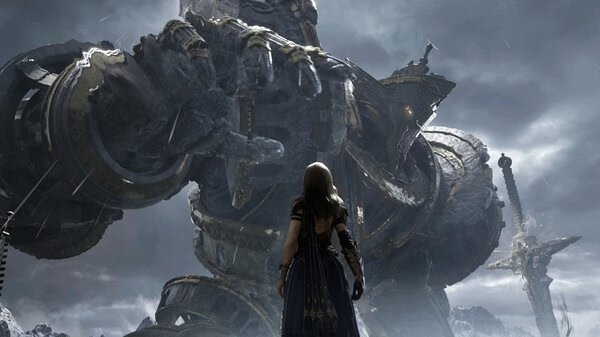 Screenshot from Tides of Annihilation showing a player character facing a colossal armored giant in a stormy landscape.