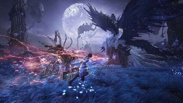 Tides of Annihilation screenshot: A player battles a winged enemy in a glowing, moonlit field surrounded by dark structures.