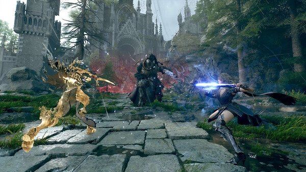 Screenshot from Tides of Annihilation showing three characters battling in front of a medieval castle amid lush greenery.