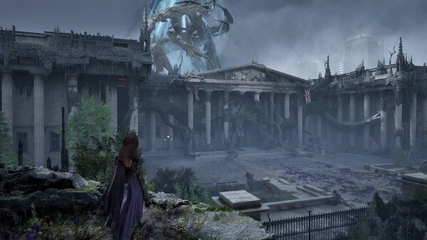 Screenshot from Tides of Annihilation showing a character facing a ruined building with a swirling vortex above it.
