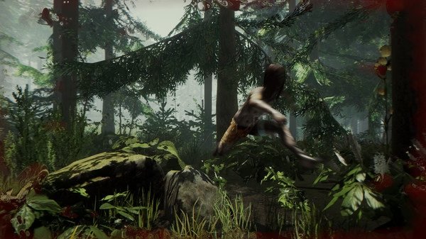 Screenshot from The Forest featuring a figure in motion among dense trees and foliage, creating an intense atmosphere.