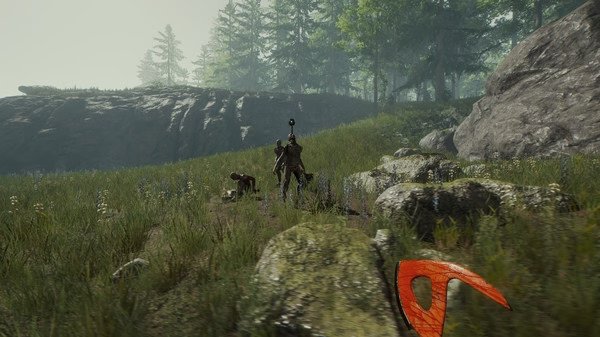 A screenshot from The Forest showing a player holding an axe, approaching mutants in a grassy field surrounded by trees and rocks.