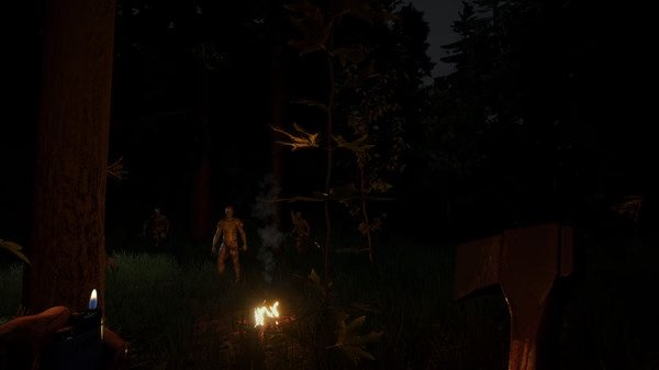 A screenshot from The Forest showing a nighttime scene with mutants near a campfire, surrounded by trees and an axe in view.