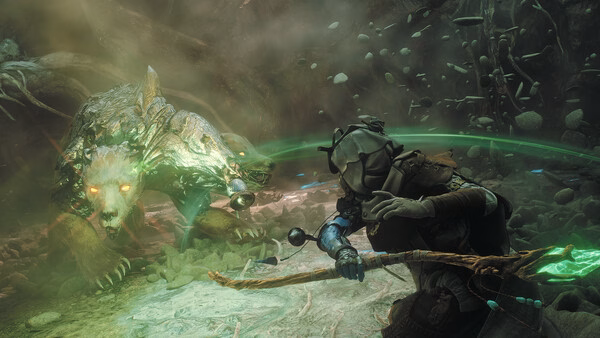 Soulframe screenshot: A warrior wielding a glowing staff faces a mystical, glowing-eyed bear in a foggy, forested environment.