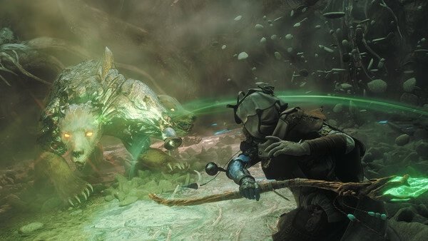 Soulframe screenshot: A warrior wielding a glowing staff faces a mystical, glowing-eyed bear in a foggy, forested environment.