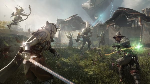 A Soulframe screenshot showing armored characters in combat, wielding swords and bows in a grassy, mystical setting.
