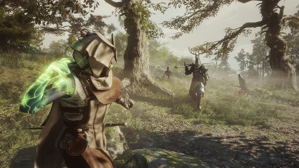 Screenshot from Soulframe showing a character in armor and green energy facing multiple armored figures in a forest setting.