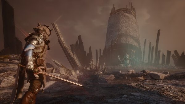 Screenshot from Soulframe: A warrior holding a sword faces a towering structure surrounded by stone pillars in a desolate landscape.