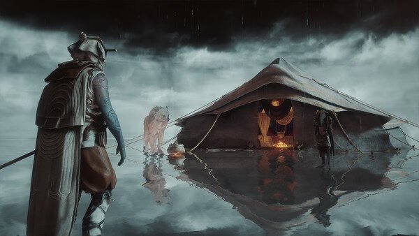Soulframe screenshot: A warrior approaches a tent in a flooded area, accompanied by a white animal; another figure stands nearby.