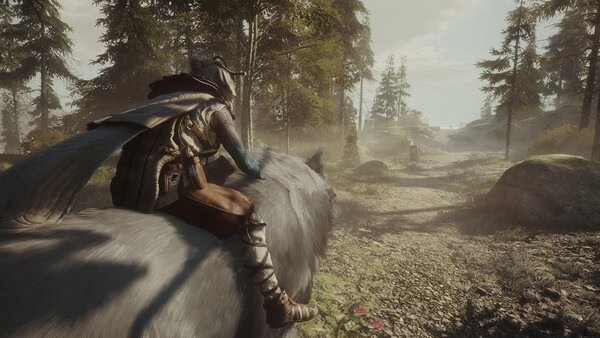 Soulframe screenshot: A character rides a large animal through a misty forest path, surrounded by trees and rocks.