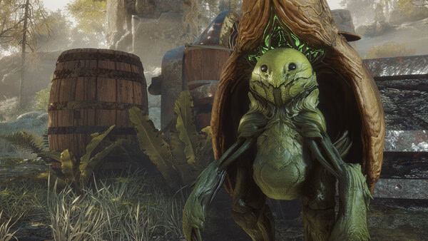 Soulframe screenshot featuring a detailed green creature resembling a turtle amidst barrels and foliage in a forest setting.