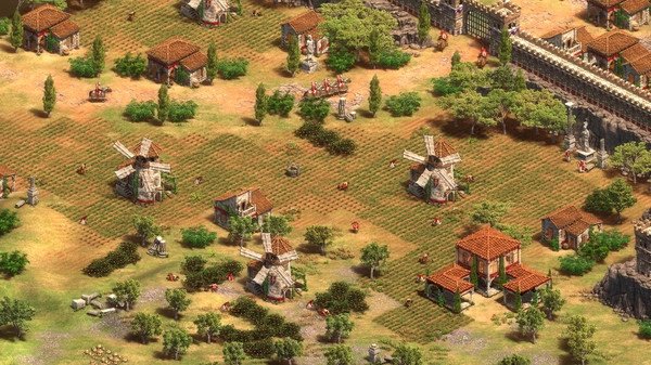 Screenshot from Age of Empires II showing a medieval village with windmills, farms, and soldiers near a fortified wall.