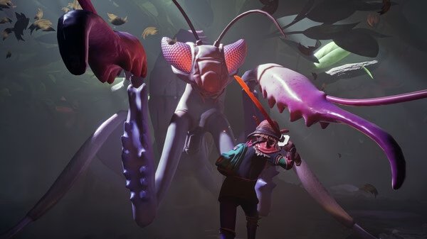 Grounded screenshot: A player character faces a large, menacing mantis in a forest. The mantis has vibrant colors and detailed textures.