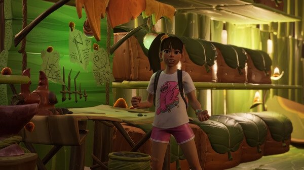 A Grounded screenshot showing a character standing in a vibrant base filled with green walls, storage chests, and crafting materials.