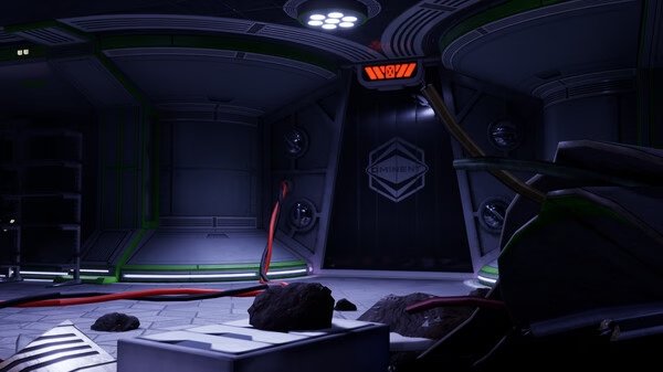 Grounded screenshot: A dimly lit lab with a Chimen door, scattered debris, and glowing red cables on the floor.