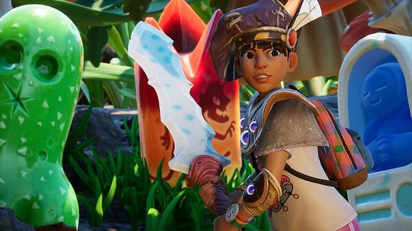 Grounded screenshot: Character with large sword stands among colorful statues in a vibrant garden setting.