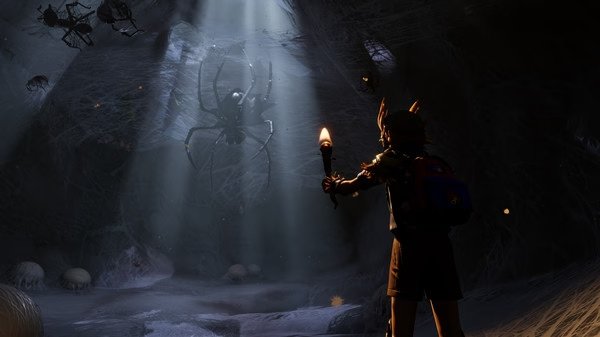 Grounded screenshot: A character with a torch approaches a giant spider in a dark, web-filled cave, illuminated by beams of light.