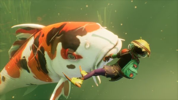 Grounded screenshot: A player character in diving gear faces a large koi fish underwater, showcasing the game's adventurous survival theme.