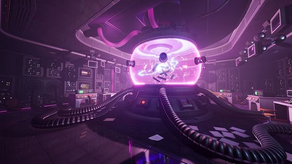 A screenshot from Grounded showing a futuristic lab with a glowing purple chamber, cables, and control panels in a dark room.