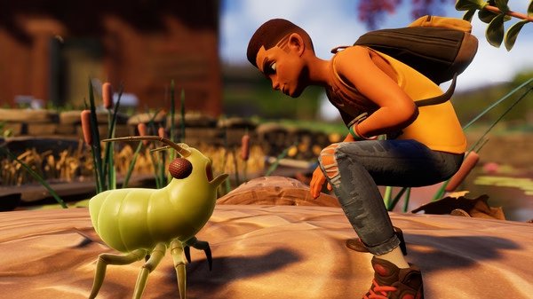 Screenshot from Grounded showing a character crouching near a large green insect in a backyard environment.