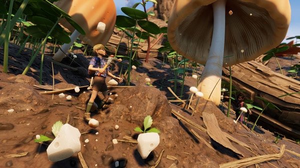 Grounded screenshot: A tiny character explores a forest floor surrounded by towering mushrooms and leaves.