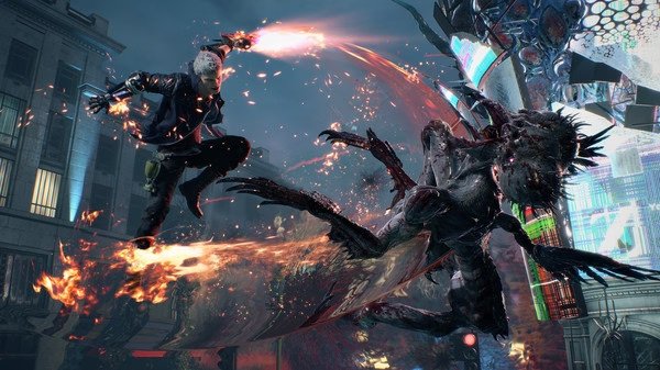 Devil May Cry 5 screenshot: A dynamic battle scene with a character wielding a sword, facing a fiery demonic creature.