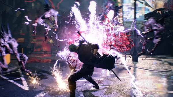 Devil May Cry 5 screenshot: A character wields a sword amidst a chaotic battle, surrounded by glowing effects and attacking creatures.