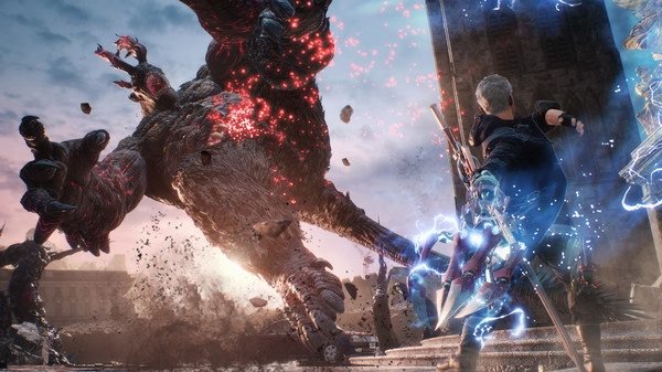 Devil May Cry 5 screenshot: A character battles a large, glowing demon in a city setting, wielding a sword and summoning electric energy.