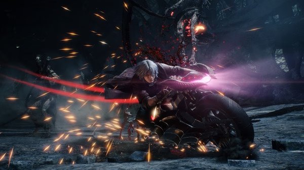 Screenshot from Devil May Cry 5 showing a character wielding a glowing weapon, surrounded by sparks and dark creatures.