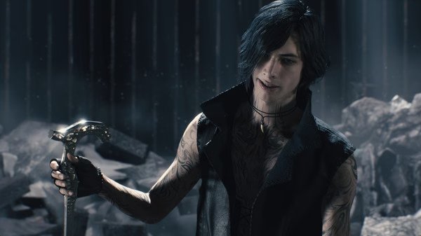 A Devil May Cry 5 screenshot showing a character holding a cane, surrounded by rubble in a dark, atmospheric setting.