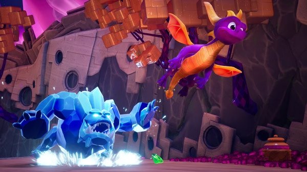 Spyro Reignited Trilogy screenshot: Spyro flies over a frosty creature in a vibrant, colorful environment.