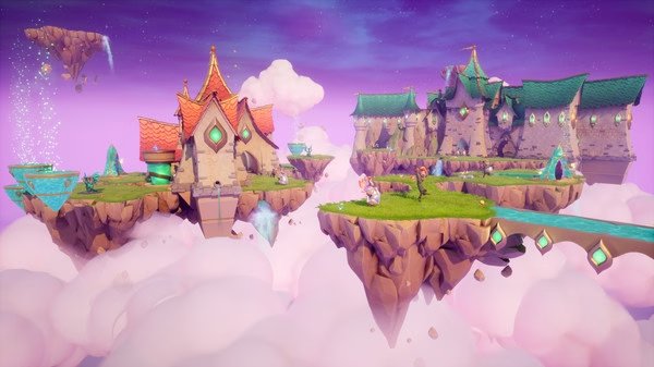 Screenshot from Spyro Reignited Trilogy featuring floating islands in a mystical sky setting with vibrant structures.