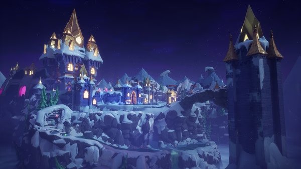 Screenshot from Spyro Reignited Trilogy showing a snowy castle landscape under a starry night sky, with bridges and towers.