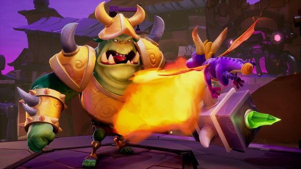 Screenshot from Spyro Reignited Trilogy: Spyro breathes fire at a large armored enemy in a vibrant, fantasy setting.