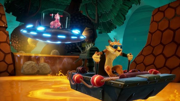 Screenshot from Spyro Reignited Trilogy showing a cat in sunglasses on a raft and a sheep in a UFO above an orange river.