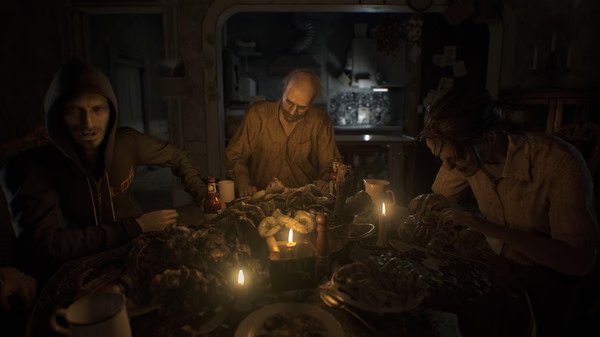 Resident Evil 7 Biohazard screenshot: Three people seated at a dimly lit table with grotesque food and a candle.