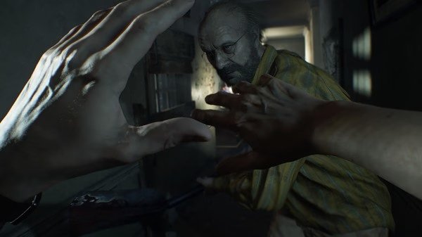Resident Evil 7 Biohazard screenshot: Two hands reach towards a disheveled figure in a dimly lit hallway.