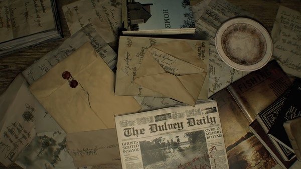 Resident Evil 7 Biohazard screenshot: A table covered with letters, a newspaper titled "The Dulvey Daily," and a dirty plate.