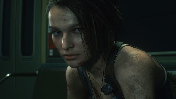 Resident Evil 3 screenshot showing a character sitting in a dimly lit train, wearing a tank top and appearing bruised and exhausted.